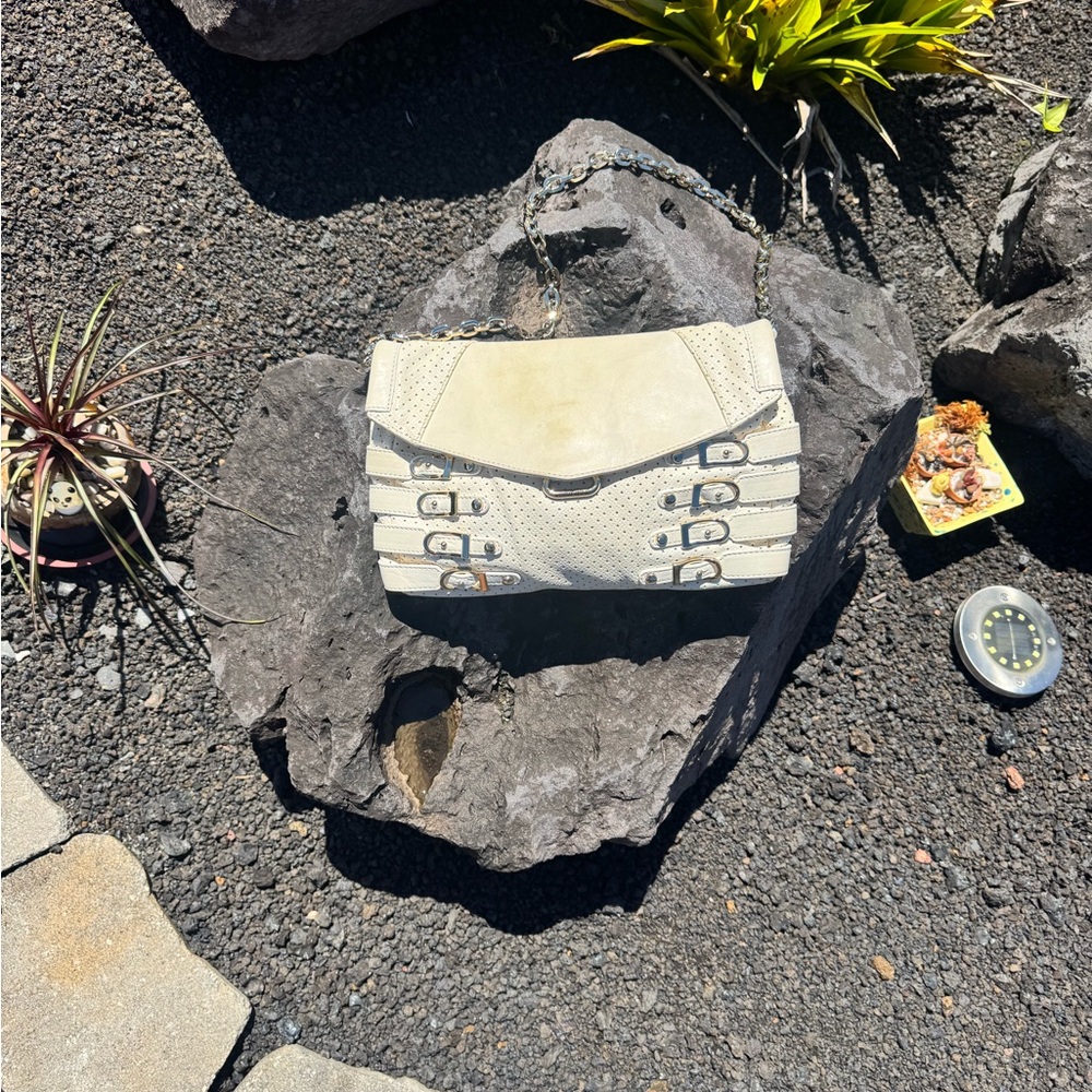 Jimmy Choo Egg Shell White Leather Perforated Shoulder Bag with Buckle Detail - Picture 10 of 17